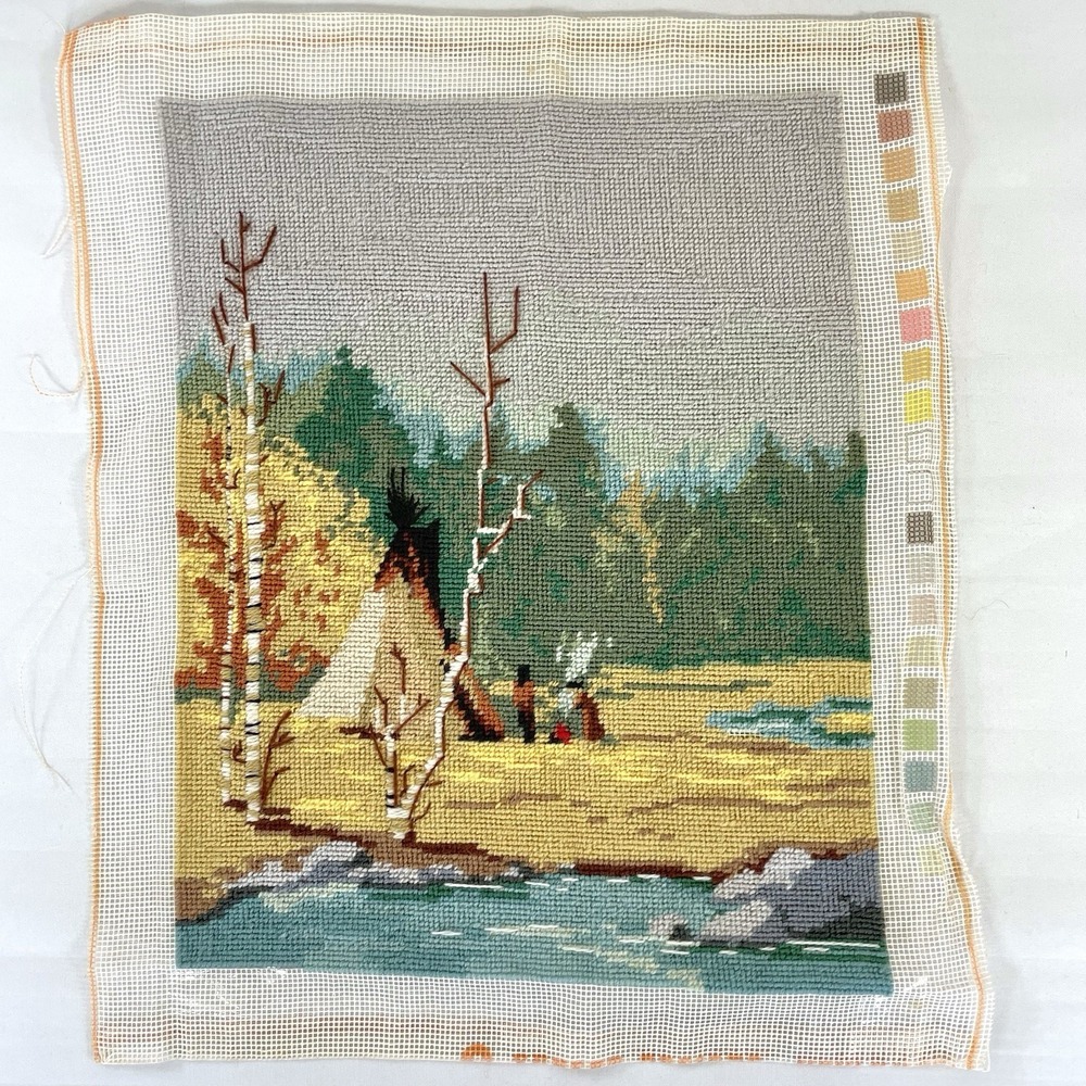 Vintage Sunset The Autumn Camp 1984 Needlepoint Native American Scene Completed
